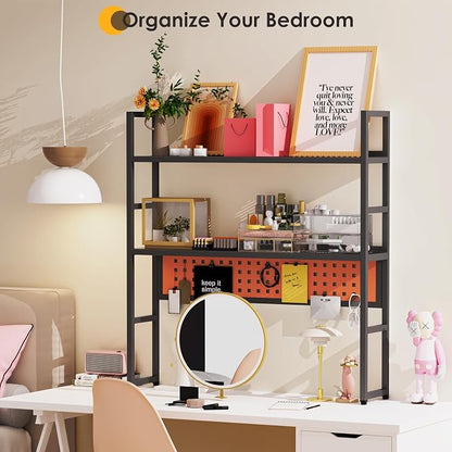 Brakki Desk Shelf, Desk Hutch Bookshelf, Desktop Shelf with Pegboard, Black | L35.43", 2 Tier Bookcase, for Computer Monitor, Metal Desktop Hutch, Storage Organizer for Dorm Home Office