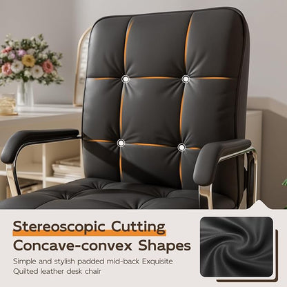 HomeZeer Black Office Chair, Mid Back Leather Desk Chair with Wheels and Padded Arms, Swivel Vanity Chair for Bedroom, Computer Chair for Study and Work
