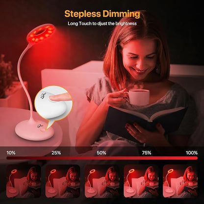 Rechargeable Desk Lamp, 670nm Red Light Therapy & Eye Protection Orange Light, 3 Color Modes, Stepless Dimming Touch Control, No Blue Light, Portable Cordless Reading Lamp for Bedroom Office Students