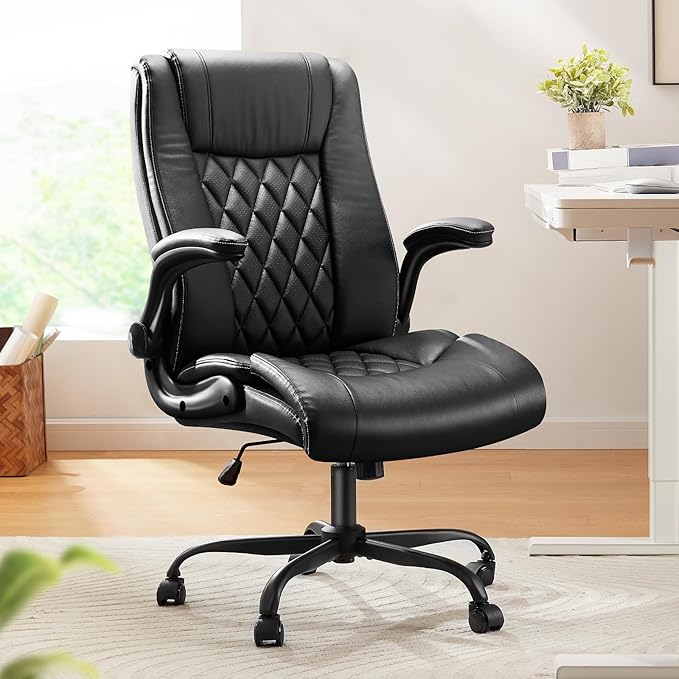 Marsail Executive Office Chair with Flip-up Armrests,PU Leather Ergonomic Desk Chair Height-Adjustable Swivel Rolling Computer Desk Chair,Black