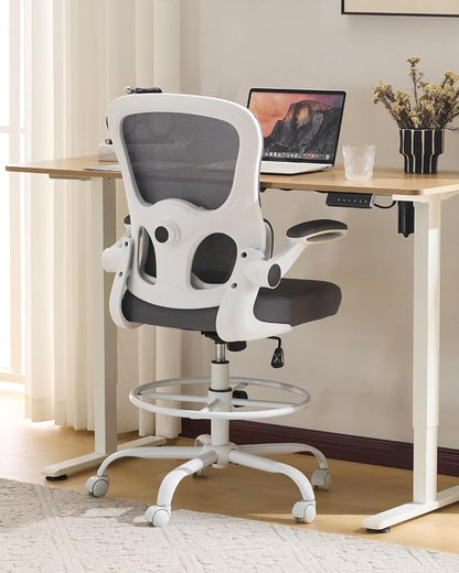 Karl home Ergonomic Drafting Chair, Grey | Lumbar Support, Flip-Up Armrests, Adjustable Height Footrest Ring, Breathable Mesh, Tall Swivel