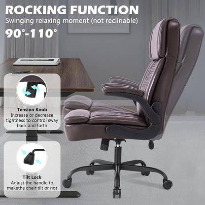 450LBS Big and Tall Executive Office Chair with Flip up Arm,Heavy Duty PU Leather Computer Desk Chair,Comfortable High Back Swivel Home Office Chair with Rolling for Adults,Spring Cushion,Metal Base