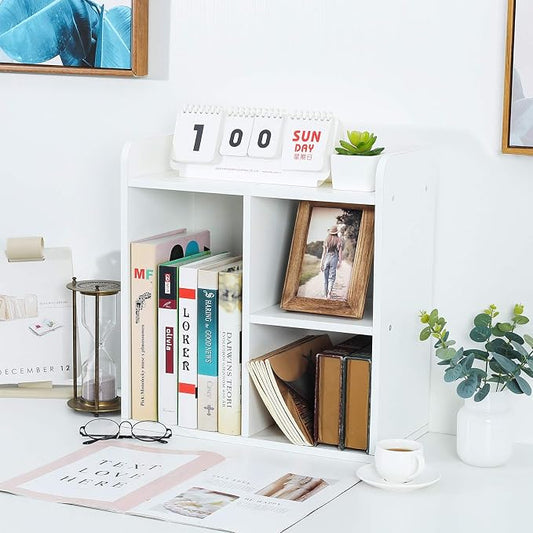PAG Desktop Shelf Freestanding Wood Small Bookshelf Desk Supplies Organizers and Accessories Storage Display Rack Office Decor for Women, White