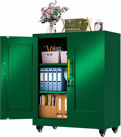 pozdeg 35" Metal Storage Cabinet with Lock and Wheels, Lockable Office File Cabinet with 2 Doors and 2 Adjustable Shelves, Rolling Steel Tool Garage Cabinets for Home Office (Green)