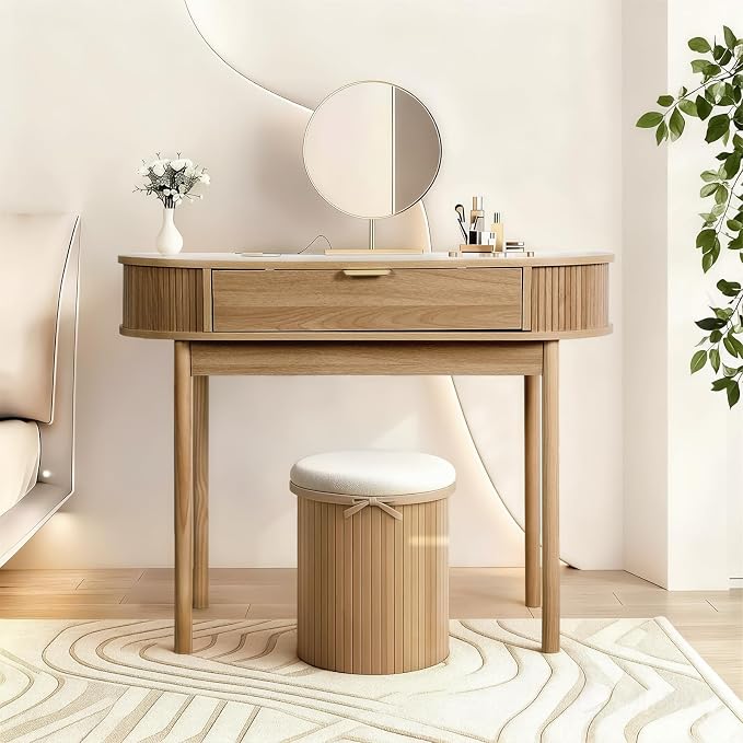 Fluted Small Computer Desk with Drawer, 40 Inch Mid-Century Modern Writing Desk with Solid Wood Legs,Compact Study Table for Small Spaces, Home Office, Bedroom,Walnut