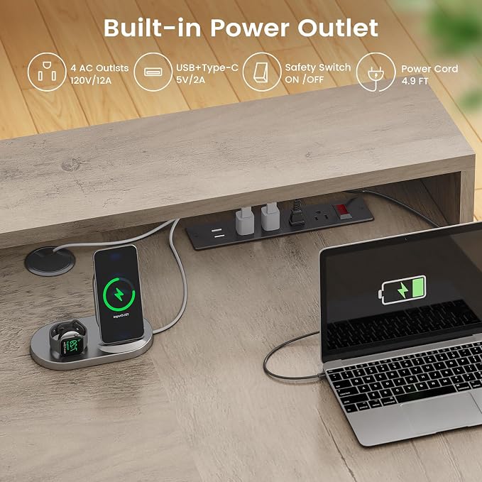 SEDETA Farmhouse L Shaped Desk with Drawers, 59" Office Desk with File Drawers, Wood Corner Computer Desk with Storage, Home Office Desks with Storage Cabinet and Monitor Stand, Grey