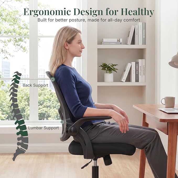 Home Office Desk Chair, Ergonomic Mid-Back Mesh Computer Task Chair with Comfortable Lumbar Support, Height Adjustable Swivel with Flip-up Armrest for Adults, Student, Black