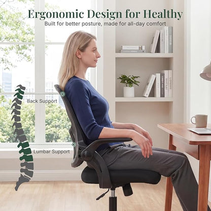 Home Office Desk Chair, Ergonomic Mid-Back Mesh Computer Task Chair with Comfortable Lumbar Support, Height Adjustable Swivel with Flip-up Armrest for Adults, Student, Black
