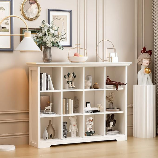 OSCHF Wooden Cube Bookcase with Base - Modern 3 Tiers Floor Standing Open Shelf Cabinet for Home and Office, 12-Cube Lattice Bookshelf, Warm White