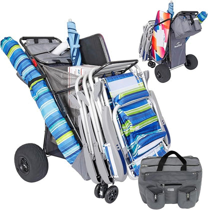 Ultimate Beach Cart with Balloon Wheels for Sand – Buggy Wagon with Big Wheels, Insulated Cooler Bag, Boogie Board & Umbrella Holder, 100 lbs Load Capacity