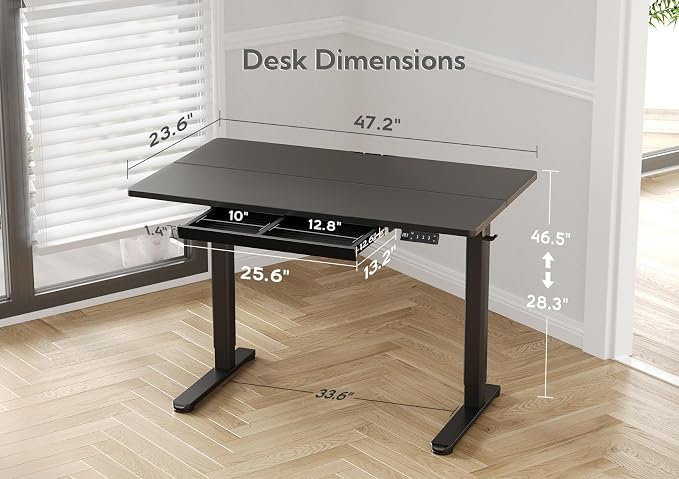 Claiks Standing Desk with Drawers, 48x24 Inch Electric Stand Up Desk, Adjustable Height Computer Workstation, Black