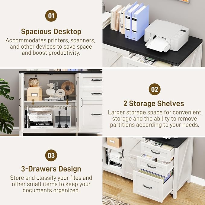 Farmhouse File Cabinet with Doors, Lateral Filing Cabinet with 3 Drawers for Letter/A4 Size Hanging Files, Large Wooden Storage Cabinet with Adjustable Shelves for Home Office, White and Black