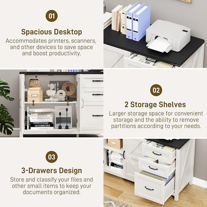 Farmhouse File Cabinet with Doors, Lateral Filing Cabinet with 3 Drawers for Letter/A4 Size Hanging Files, Large Wooden Storage Cabinet with Adjustable Shelves for Home Office, White and Black