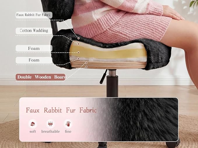 Homkdom Vanity Chair with Wheels, Cute Desk Chair with Bow Backrest, Fluffy Faux Rabbit Fur Small Office Chair for Vanity, Make-up Room, Bedroom, Dorm, Height Adjustable, Black