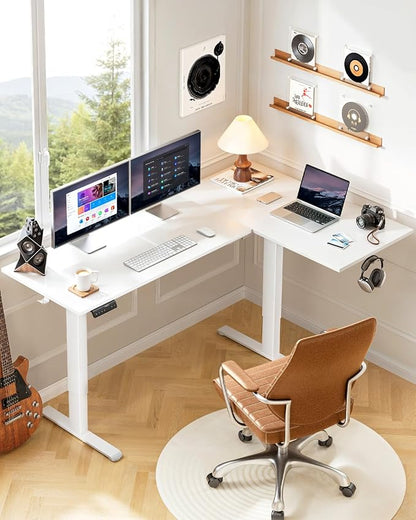 HUANUO Dual Motor 71x48 inch L Shaped Electric Standing Desk with 3 Preset Heights, Electric Height Adjustable Computer Table, 2 Hooks & Cable Tray, Raising Desk for Home Office, White