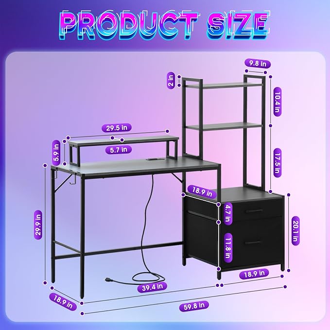 KATHY&BOB 59.1" Computer Desk with Power Outlets and Storage Shelves, Reversible Home Office Desk with 2 Fabric Drawers, Sturdy Writing Table with Detachable Monitor Stand for Small Spaces