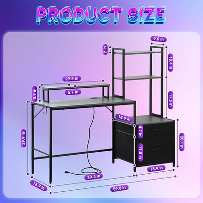 KATHY&BOB 59.1" Computer Desk with Power Outlets and Storage Shelves, Reversible Home Office Desk with 2 Fabric Drawers, Sturdy Writing Table with Detachable Monitor Stand for Small Spaces