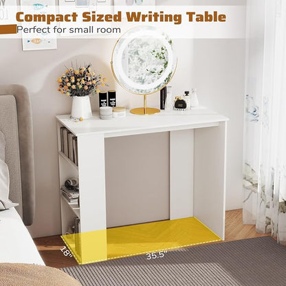 Giantex Small Computer Desk, 35.5 Inch Compact Home Office Desk with Storage Bookshelf, Vanity Table, Modern Laptop Computer Workstation, Student Teen Study Writing Desk for Small Spaces, White