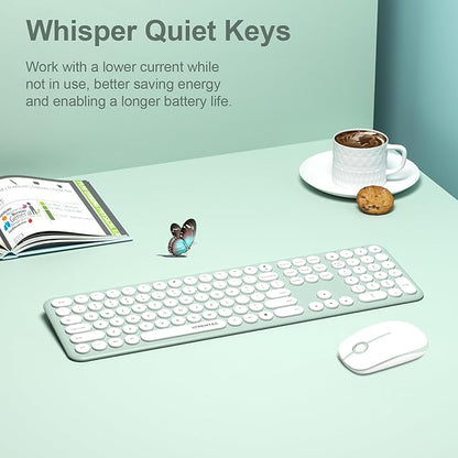 2.4GHz Full Size XTREMTEC Wireless Keyboard and Mouse Combo,Ultra Slim Silent Cute Aesthetic Retro Round Keycap,Cordless Quiet Green Keyboard and Mouse Wireless for Windows,Mac OS (Macaron Green)