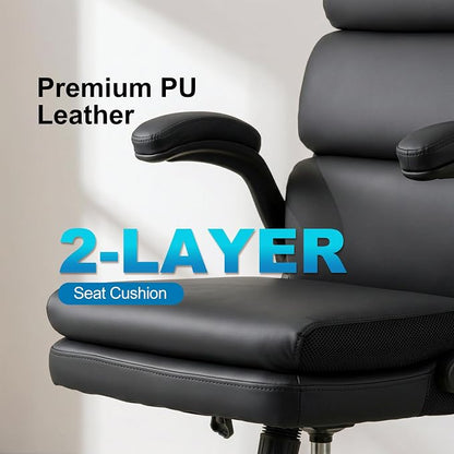 Mid Back Office Desk Chair,Leather Conference Room Chairs,Ergonomic Home Computer Chair,Modern Executive Chair with Padded Flip-up Armrest and Swivel Wheels (Black)