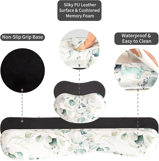 QIYI Leather Desk Mat Set, 4-in-1 Large Mouse Pad with Ergonomic Wrist Rest, Waterproof Desk Pad + Keyboard Wrist Rest + Mouse Wrist Support + Coaster, Non-Slip Office Gaming Accessories, Eucalyptus