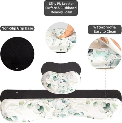 QIYI Leather Desk Mat Set, 4-in-1 Large Mouse Pad with Ergonomic Wrist Rest, Waterproof Desk Pad + Keyboard Wrist Rest + Mouse Wrist Support + Coaster, Non-Slip Office Gaming Accessories, Eucalyptus