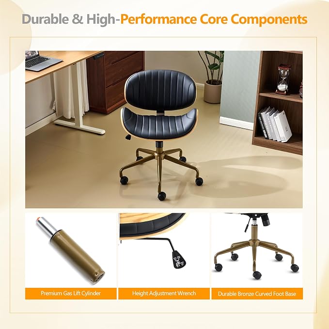 VINGLI Wide Comfotable Swivel Home Office Chair with Wood-Grain Curved Shell,Ergomomic Mid-Back Padded Armless Rolling Desk Chair with Wheels,Height Adjustable for Computer,Task,Work,PU Leather,Black