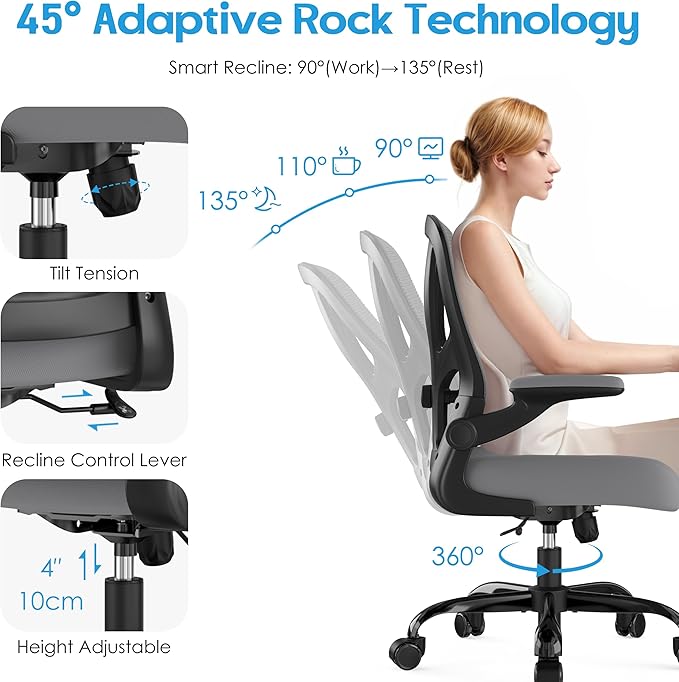 Office Chair Ergonomic Desk Chair - Mesh Computer Chair Breathable Task Chair with Wheels Adjustable Lumbar Support Home Desk Office Chairs with Flip up Armrest Gray 4 Pack