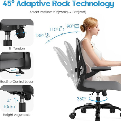 Office Chair Ergonomic Desk Chair - Mesh Computer Chair Breathable Task Chair with Wheels Adjustable Lumbar Support Home Desk Office Chairs with Flip up Armrest Gray 2 Pack
