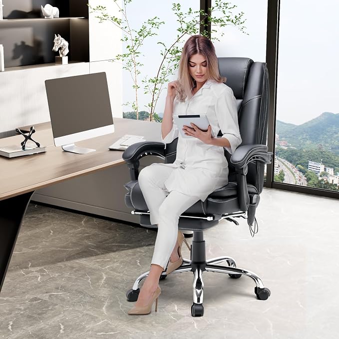 HOMREST Executive Office Chair, Black | Heat and Massage, High-Back PU Leather, Ergonomic with Retractable Footrest, Link Armrests, Reclining Computer Chair