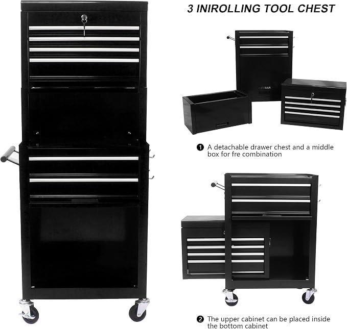 RYH 6 Drawers Rolling Tool Chest & Tool Box on Wheels | Heavy Duty Metal Cart with Ball Bearing Drawers | Fits US General Tool Box for Garage Storage (Black, 6 Drawers 3 in 1/51.99" H × 20.87" W)