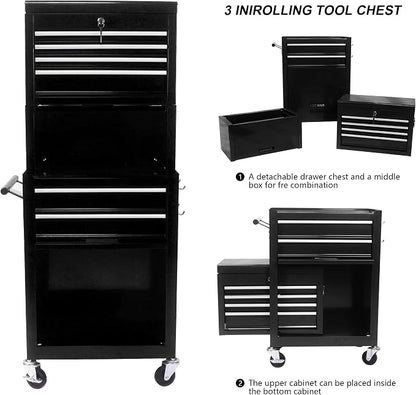 RYH 6 Drawers Rolling Tool Chest & Tool Box on Wheels | Heavy Duty Metal Cart with Ball Bearing Drawers | Fits US General Tool Box for Garage Storage (Black, 6 Drawers 3 in 1/51.99" H × 20.87" W)