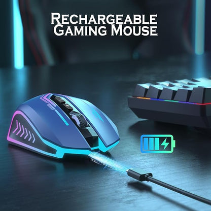 UHURU Gaming Mouse, Wireless Gaming Mouse with 7 Buttons 7 Changeable LED Color up to 12000 DPI, Rechargeable USB Gamer Mouse for PC Laptop (Blue)