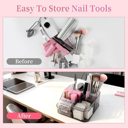 BQAN Transparent Acrylic Nail Desk Organizer with Spinning Drawer, Drill & Brush Holder, Desktop Manicure Tool Storage for Nail Techs, Makeup, Skin Care (Black) - Professional Salon or Home Use