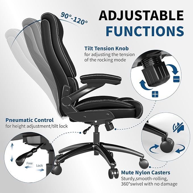Ergonomic Big and Tall Office Chair, 500LBS PU Leather Executive Desk Chair with Lumbar Support and Flip-up Armrests, High Back, for Home and Office, Black
