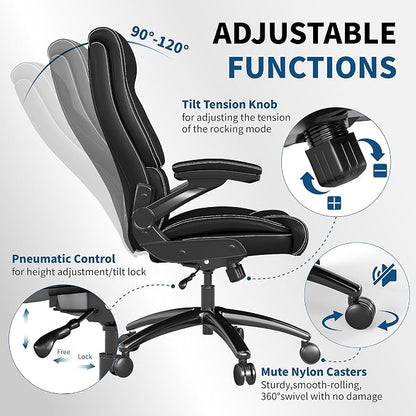 Ergonomic Big and Tall Office Chair, 500LBS PU Leather Executive Desk Chair with Lumbar Support and Flip-up Armrests, High Back, for Home and Office, Black
