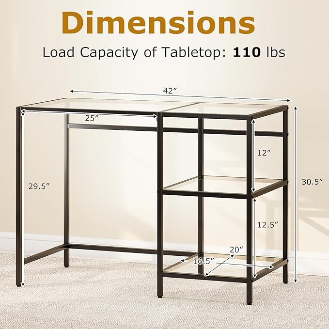 GOFLAME Computer Desk with Shelves, 42” Home Office Desk with Metal Frame, Tempered Glass Study Writing Table, Modern Simple PC Desk for Living Room Bedroom (Black)