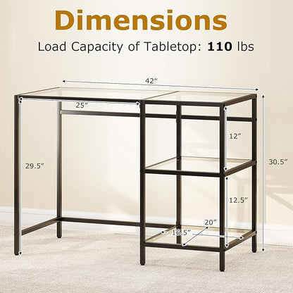 GOFLAME Computer Desk with Shelves, 42” Home Office Desk with Metal Frame, Tempered Glass Study Writing Table, Modern Simple PC Desk for Living Room Bedroom (Black)