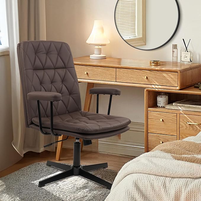 CLATINA Office Chair No Wheels, Leather Criss Cross Desk Chairs with Arms, Modern Cross Legged Computer Chair, Mid Back Height Adjustable Swivel Task Vanity Chair for Home Office, Chocolate Brown