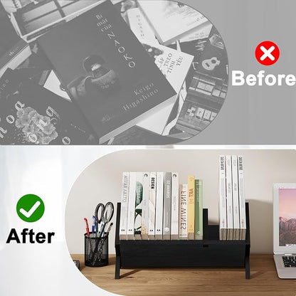 YINMIT Wood Desktop Bookshelf Organizer, Slanted Tabletop Bookshelf | Small Desk Bookshelf, Book Organizer in Living Room, Office, Portable Mini Bookcase for CDs, Magazine, Books, Cookbooks