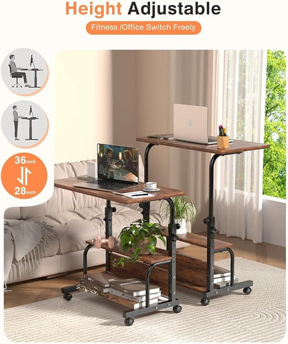 QZMDSM Portable Rolling Desk on Wheels Adjustable Height Desks for Small Spaces, 32" Computer Desk Drafting Tables with Storage Shelves for Home Office Rustic