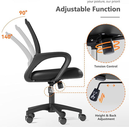 OS MOTOR Home Office Chair, Ergonomic Mid-Back Mesh Desk Chair with Lumbar Support, Adjustable Swivel Rolling Design, Comfy Armrest for Work, Study, Gaming, Vanity, Black