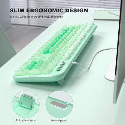 MOWUX Computer Keyboard Wired, Plug and Play USB Retro Round Typewriter Keyboard, Full Size Wired Keyboard with Foldable Stands for Laptop and Office PC- LED Backlit Green