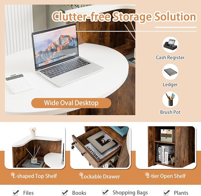 Tangkula Reception Desk, Front Counter Desk with Lockable Drawer & Adjustable Shelf, Oval Desktop, Retail Counter for Checkout, Computer Workstation for Salon Lobby Home Office