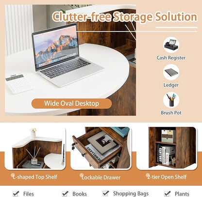 Tangkula Reception Desk, Front Counter Desk with Lockable Drawer & Adjustable Shelf, Oval Desktop, Retail Counter for Checkout, Computer Workstation for Salon Lobby Home Office