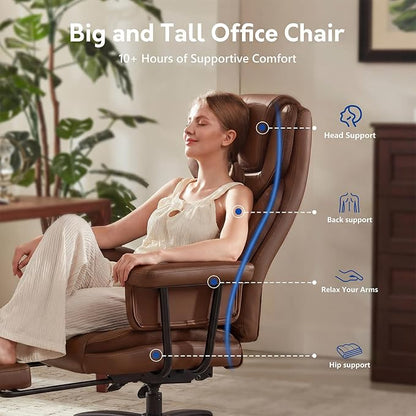 Executive Office Chair Big and Tall 500LBS, 165° Reclining Heavy Duty Office Chair with Footrest & Quiet Rubber Wheels, Height Adjustable, Soft Strong Padded Arms, Brown