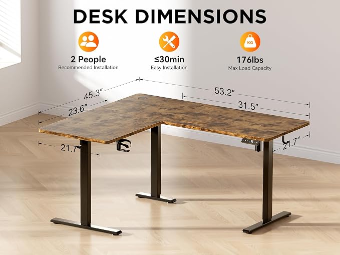 WALKINGDESK 55X45 Inches Reversible L Shaped Standing Desk Height Adjustable with Cup Holder, Electric Corner Computer Desk, Sit Stand up Home Office Desk, Ergonomic Gaming Desk, Rustic Brown