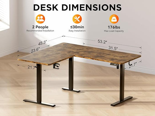 WALKINGDESK 55X45 Inches Reversible L Shaped Standing Desk Height Adjustable with Cup Holder, Electric Corner Computer Desk, Sit Stand up Home Office Desk, Ergonomic Gaming Desk, Rustic Brown