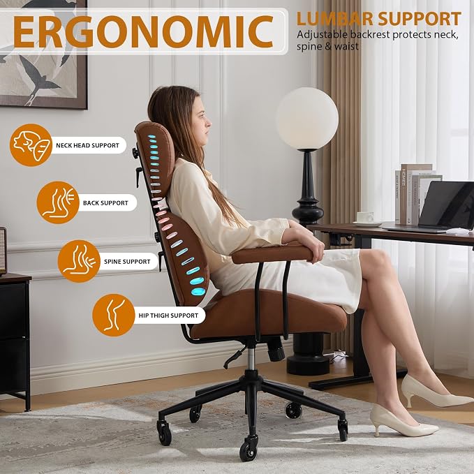 E-Motie Ergonomic Leather Office Chair, Computer Desk Chair, Brown | Adjustable Headrest, 360° Swivel & Rolling Wheels, Lumbar Support, Padded Arms, High Back, for Long Hours Sitting