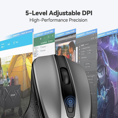 TECKNET Wireless Mouse, 2.4G Ergonomic Optical Mouse, Computer Mouse for Laptop, PC, Computer, Chromebook, Notebook, 6 Buttons, 24 Months Battery Life, 2600 DPI, 5 Adjustment Levels - Silver